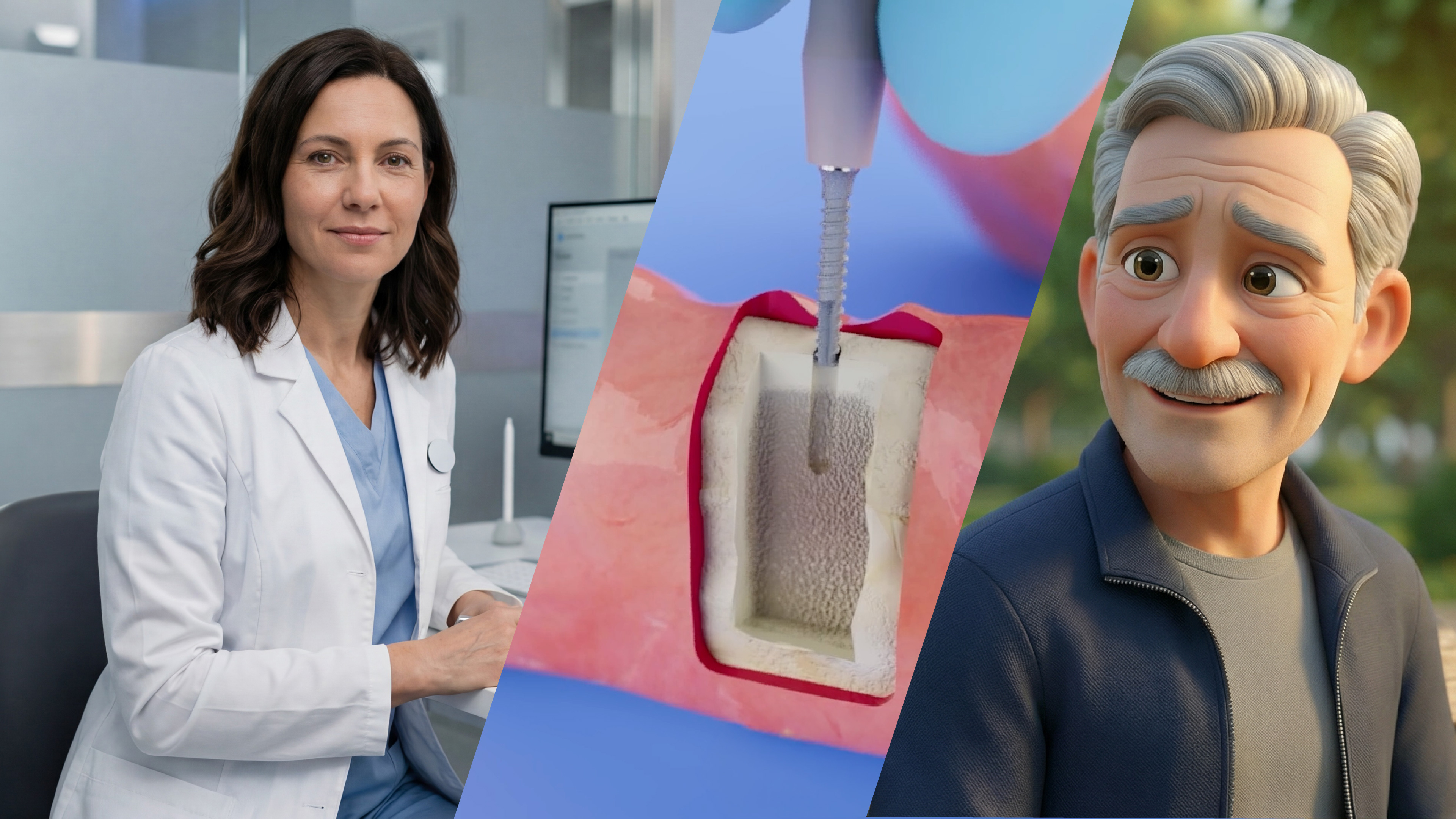 MINICARE: virtuális orvos, implantációt bemutató szakmai animáció és egy idősebb férfi 3D karakter